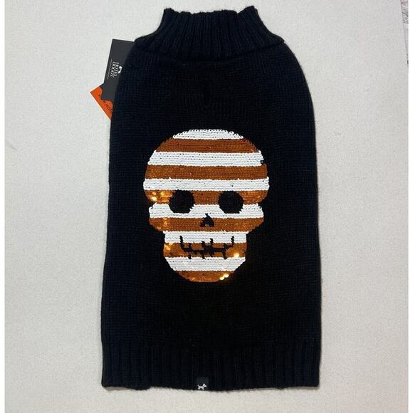 HOTEL DOGGY Halloween Mock Neck Skull Dog Sweater Flip Sequins‎ Medium - Picture 1 of 8